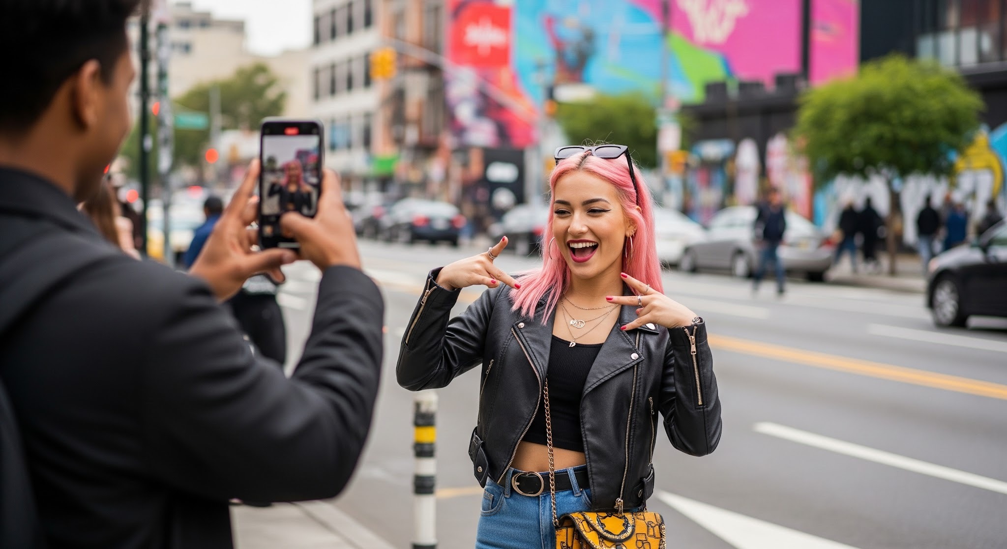 influencer in the street being recorded by her friend to tik tok