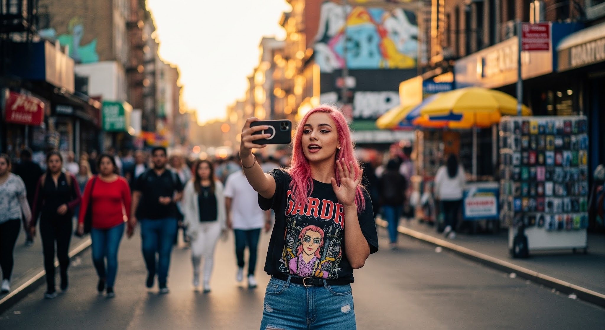 influencer in the streettaking a selfie to tik tok