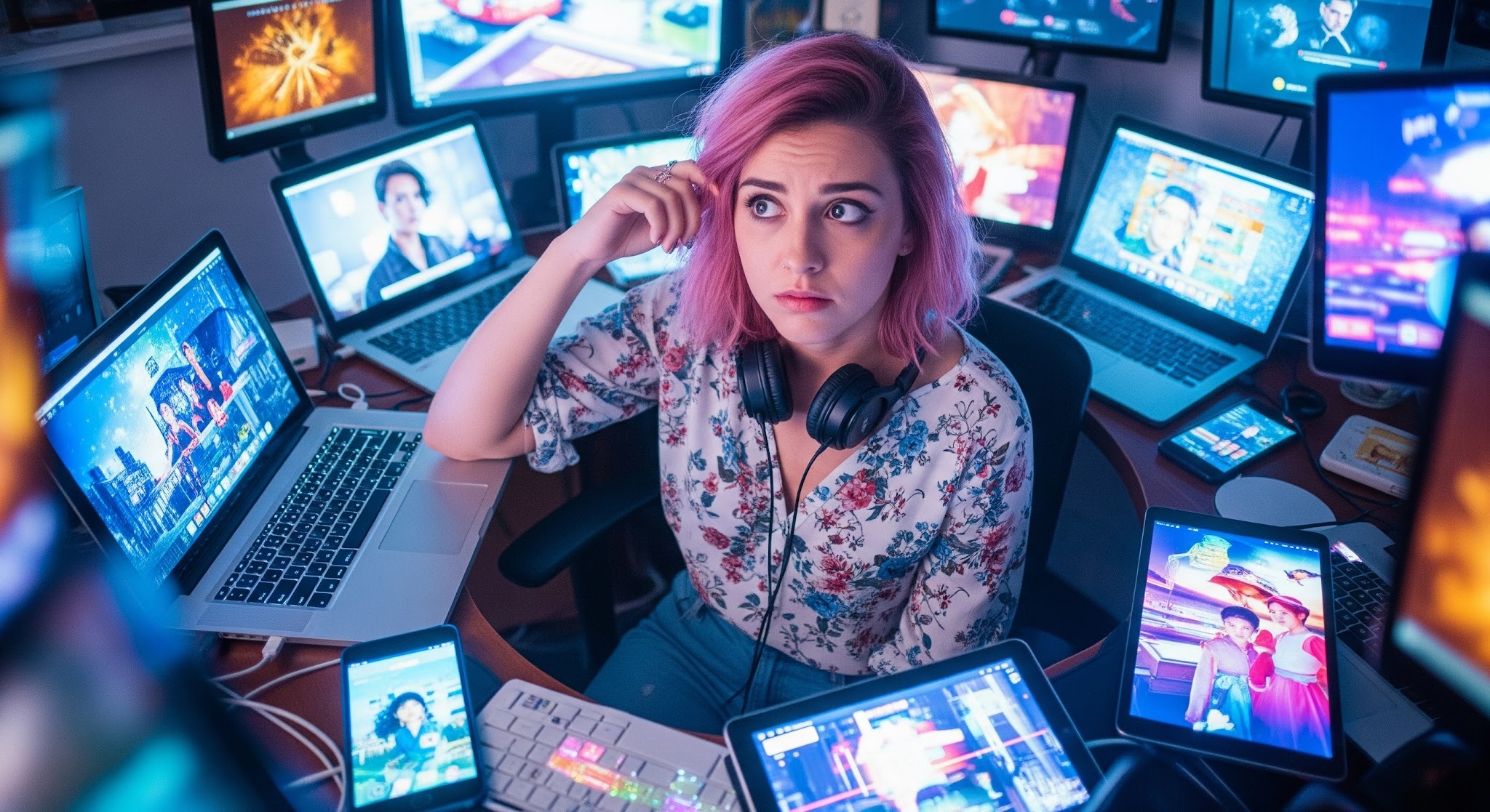 a young woman with deficit of attention because of all the screens around her