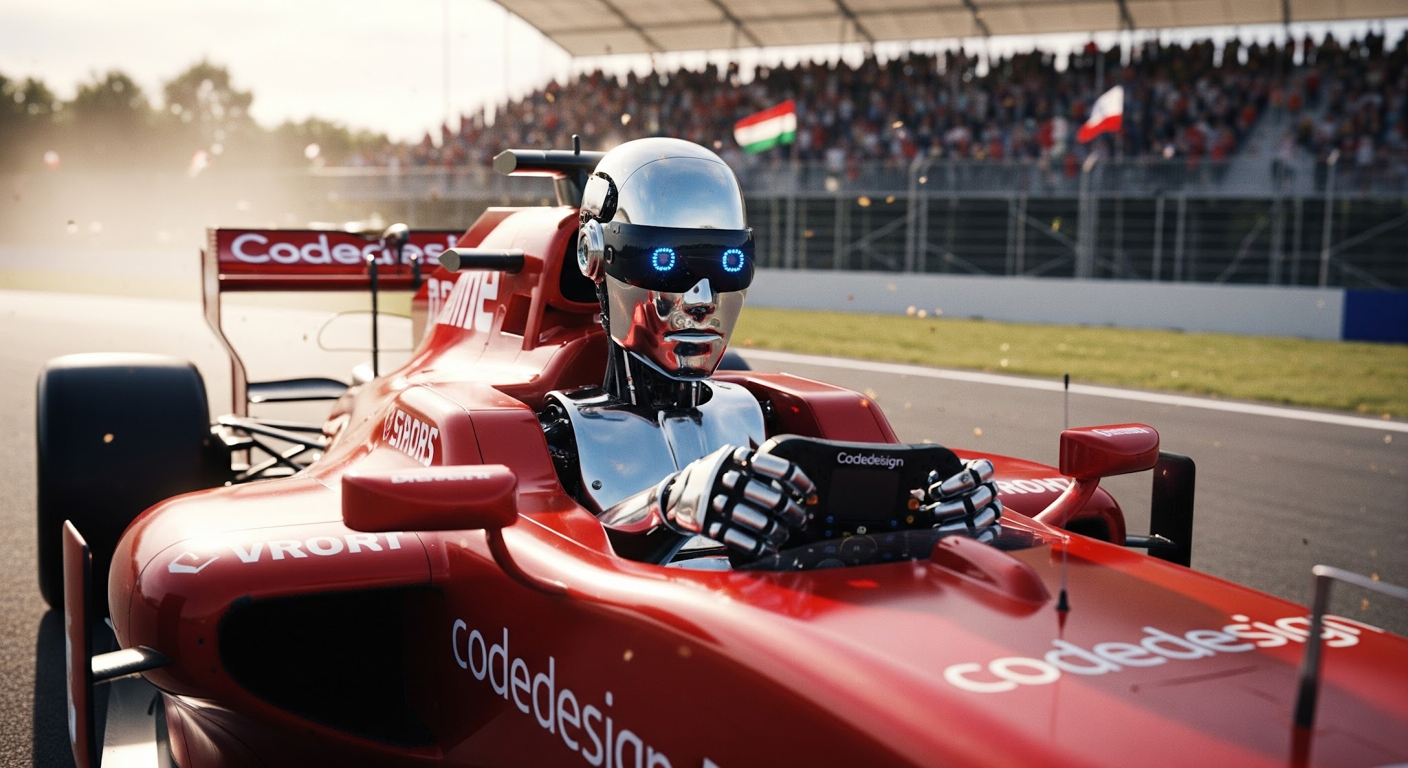 a robot driving a Codedesign F1 car